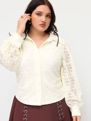Lace Collar Long Sleeve Ruched Cinched Waist Button Top Curve & Plus