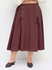 Mid Rise Lace Up Elastic Waist A-line Midi Skirt Curve & Plus