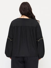 V-neck Metallic Floral Applique Lace Up Blouse With Cami Top Curve & Plus