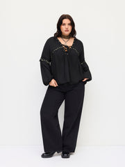 V-neck Metallic Floral Applique Lace Up Blouse With Cami Top Curve & Plus