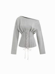 Asymmetrical Neck Pleated Lace Up Long Sleeve Sweatshirt