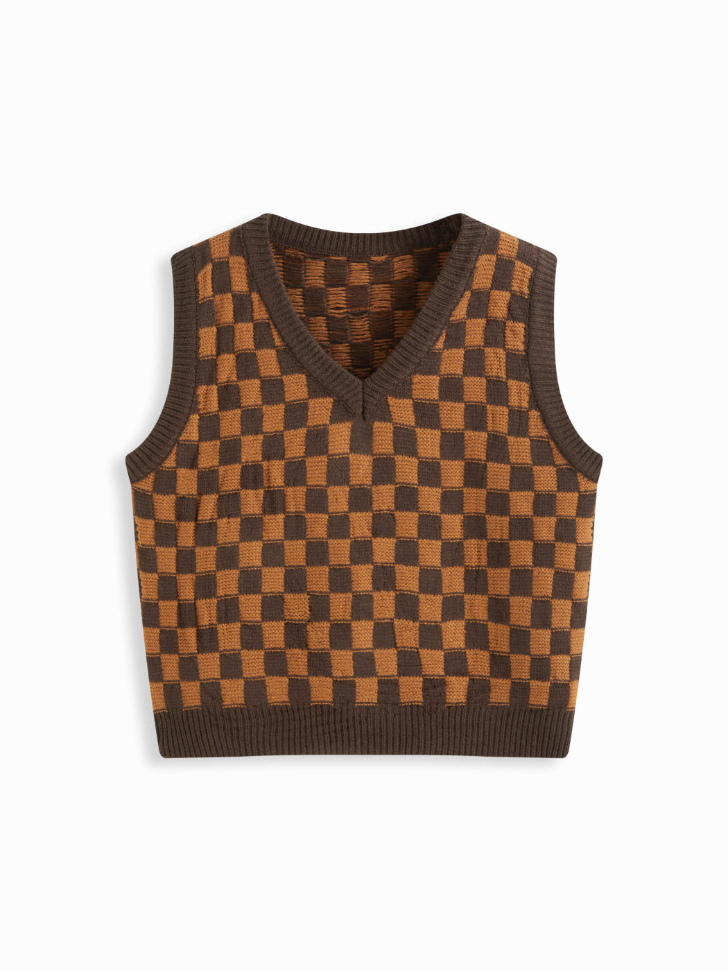 Knit V-neck Check Contrasting Binding Oversized Vest