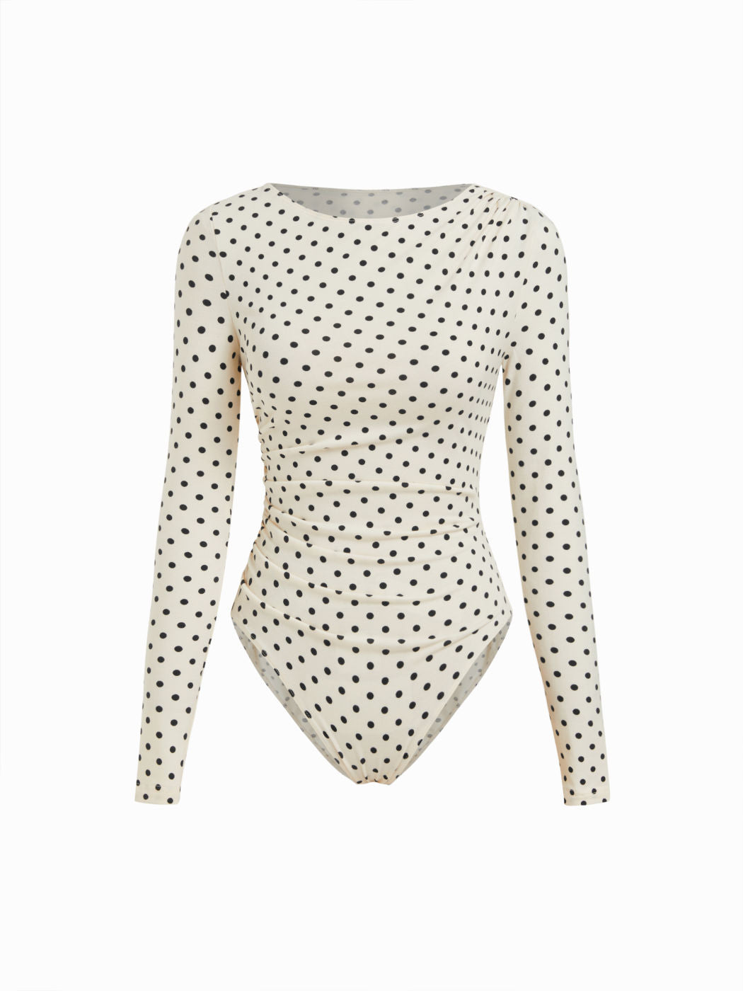 Polka Dot Boat Neck Long Sleeve Ruched Bodysuit