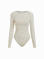 Polka Dot Boat Neck Long Sleeve Ruched Bodysuit