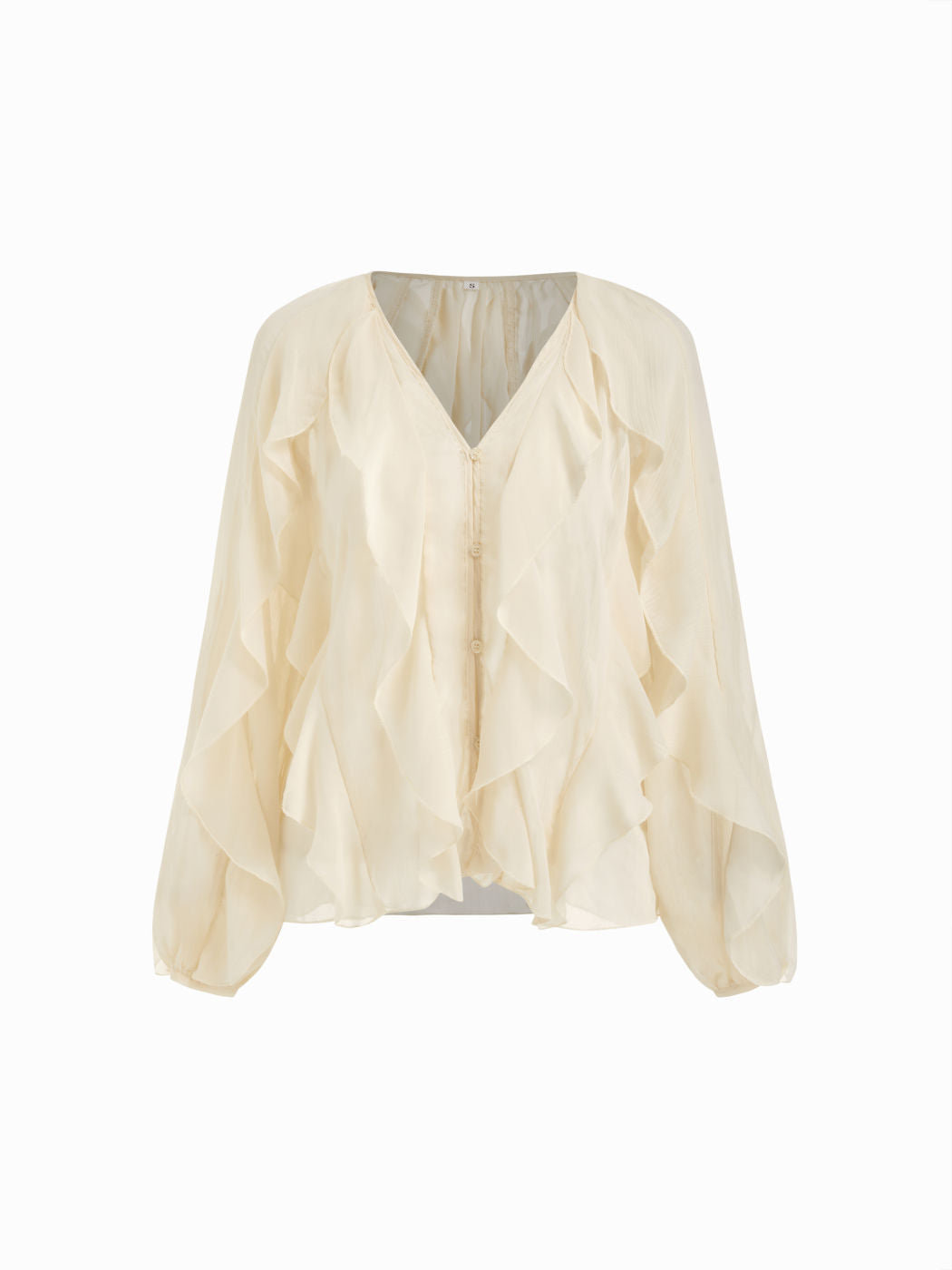 Chiffon V-neck Button Ruffle Oversized Long Sleeve Blouse