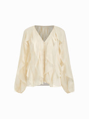 Chiffon V-neck Button Ruffle Oversized Long Sleeve Blouse