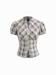Plaid V-neck Puff Sleeve Split Front Blouse