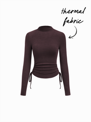 Thermal Cotton-blend Stand Collar Drawstring Ruched Tee