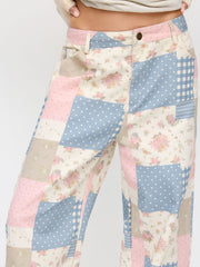 Cotton Mid Rise Floral & Polka Dot & Gingham Colorblock Patched Straight Leg Trousers