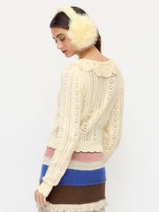 Crochet Peter Pan Collar Heart Hollow Out Button Long Sleeve Cardigan