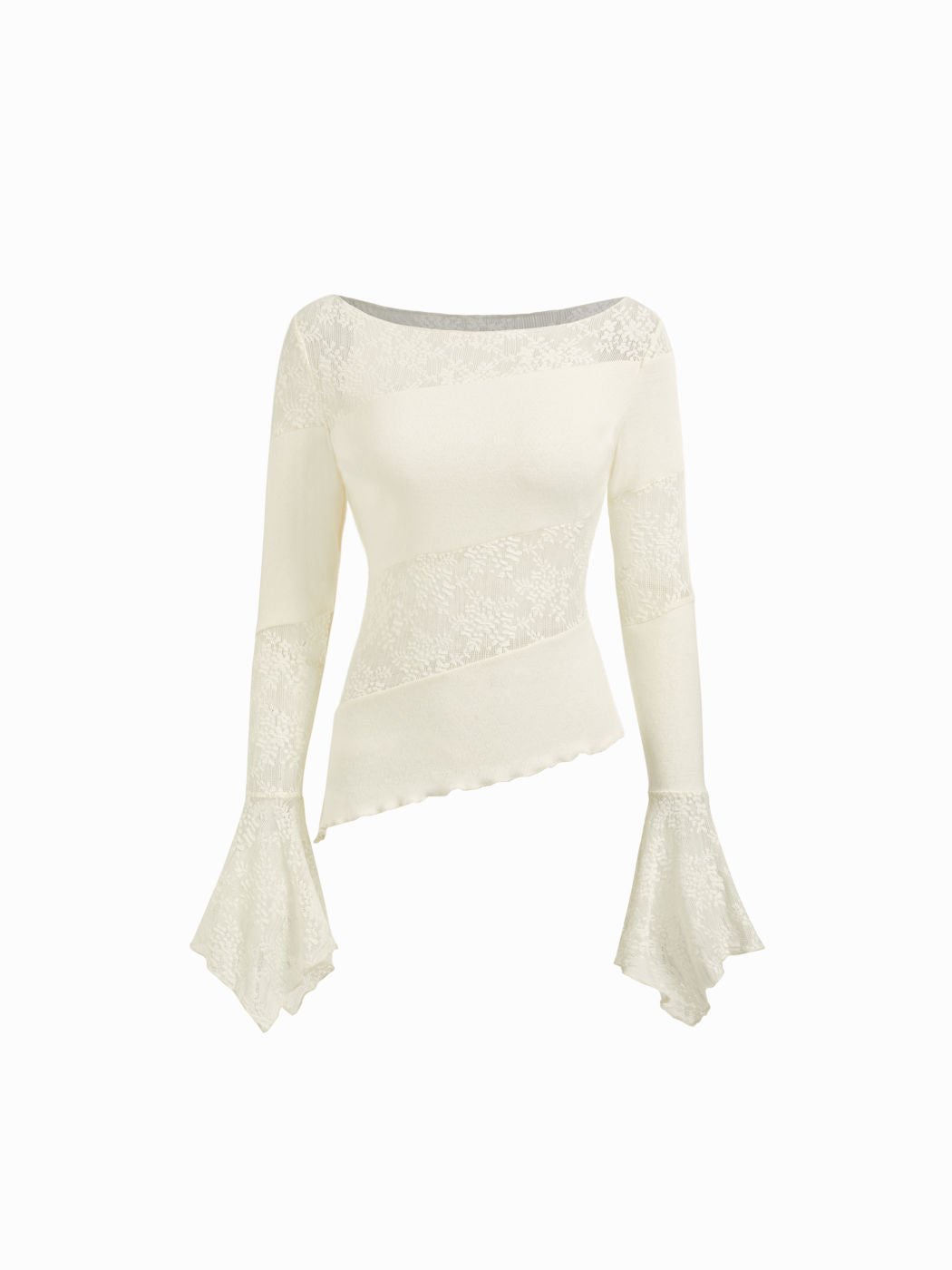 Contrasting Lace Boat Neck Bell Sleeve Asymmetrical Hem Lettuce Trim Top