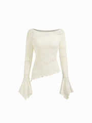 Contrasting Lace Boat Neck Bell Sleeve Asymmetrical Hem Lettuce Trim Top