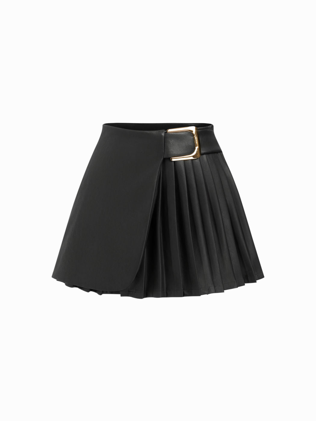 Faux Leather Mid Rise Pleated Buckle Mini Skirt