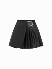 Faux Leather Mid Rise Pleated Buckle Mini Skirt