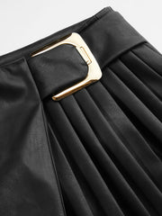 Faux Leather Mid Rise Pleated Buckle Mini Skirt