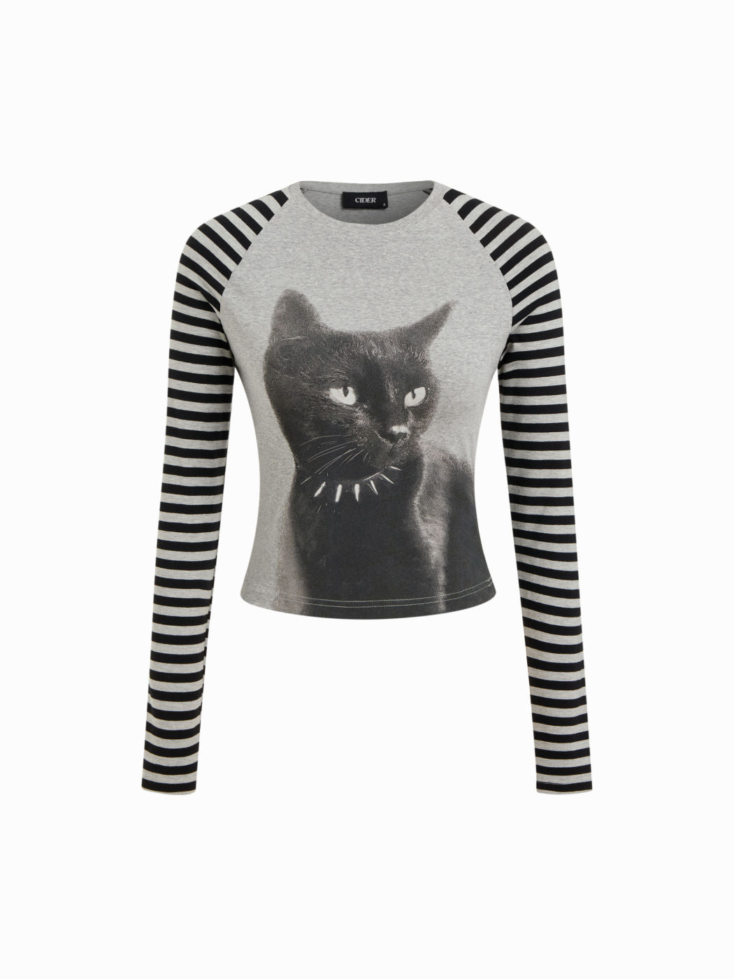 Cotton-blend Cat Graphic Striped Round Neckline Long Sleeve Tee