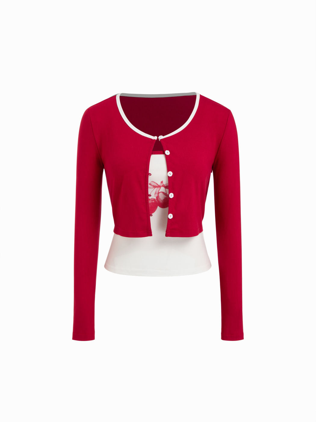 Two Pieces Contrasting Binding Cardigan With Cherry Graphic Cami Top Set