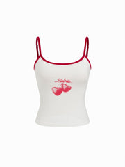 Two Pieces Contrasting Binding Cardigan With Cherry Graphic Cami Top Set