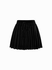 Velvet Mid Rise Pleated Knotted Mini Skirt