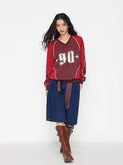 Cotton-blend V-neck 90 Graphic Two Tone Contrasting Binding Oversized Sweatshirt