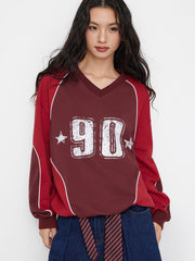 Cotton-blend V-neck 90 Graphic Two Tone Contrasting Binding Oversized Sweatshirt