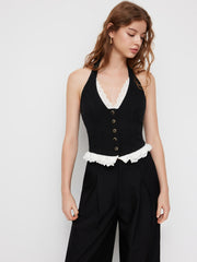 Two Tone Halter Neckline  Broderie Anglaise Metal Detail Button Top