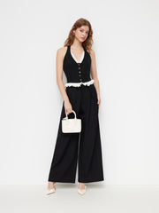 Two Tone Halter Neckline  Broderie Anglaise Metal Detail Button Top