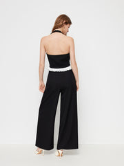 Two Tone Halter Neckline  Broderie Anglaise Metal Detail Button Top