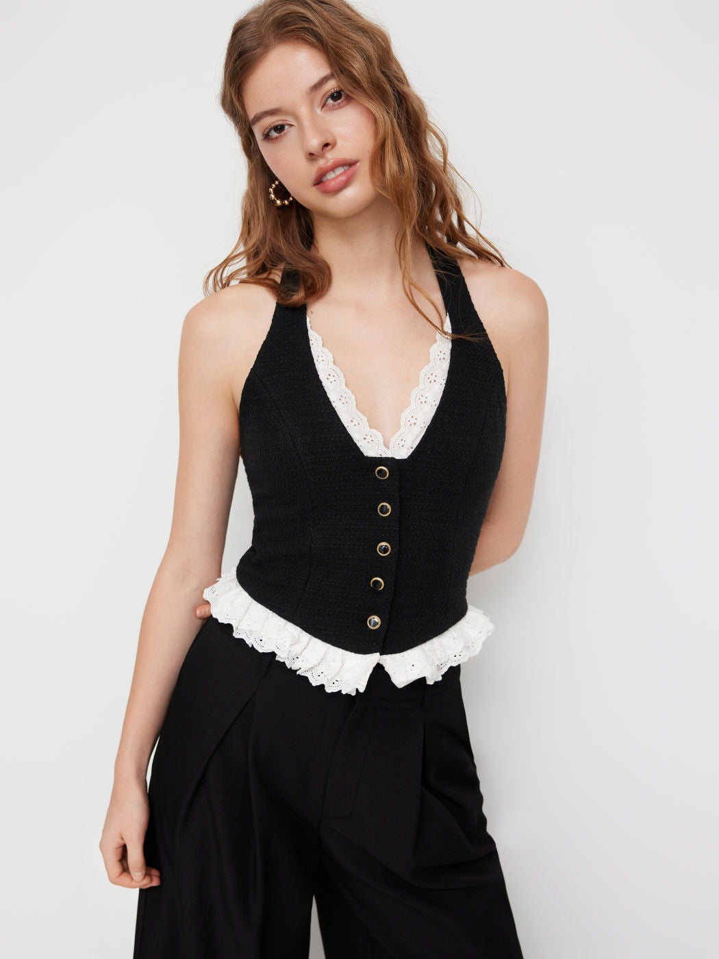 Two Tone Halter Neckline  Broderie Anglaise Metal Detail Button Top