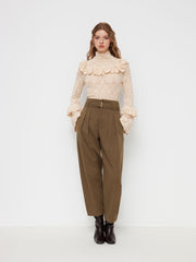 Tweed High Rise Pleated Tapered Trousers With Belt