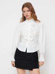 100% Cotton High Neck Lettuce Trim Shirred Bowknot Long Sleeve Blouse