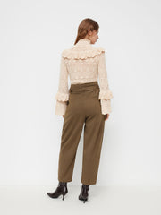 Tweed High Rise Pleated Tapered Trousers With Belt