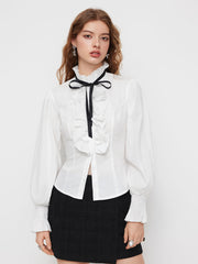 100% Cotton High Neck Lettuce Trim Shirred Bowknot Long Sleeve Blouse