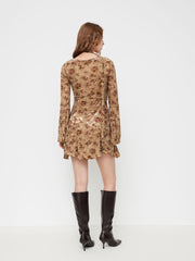 Mesh V-neck Floral Twist Mini Dress With Scarf