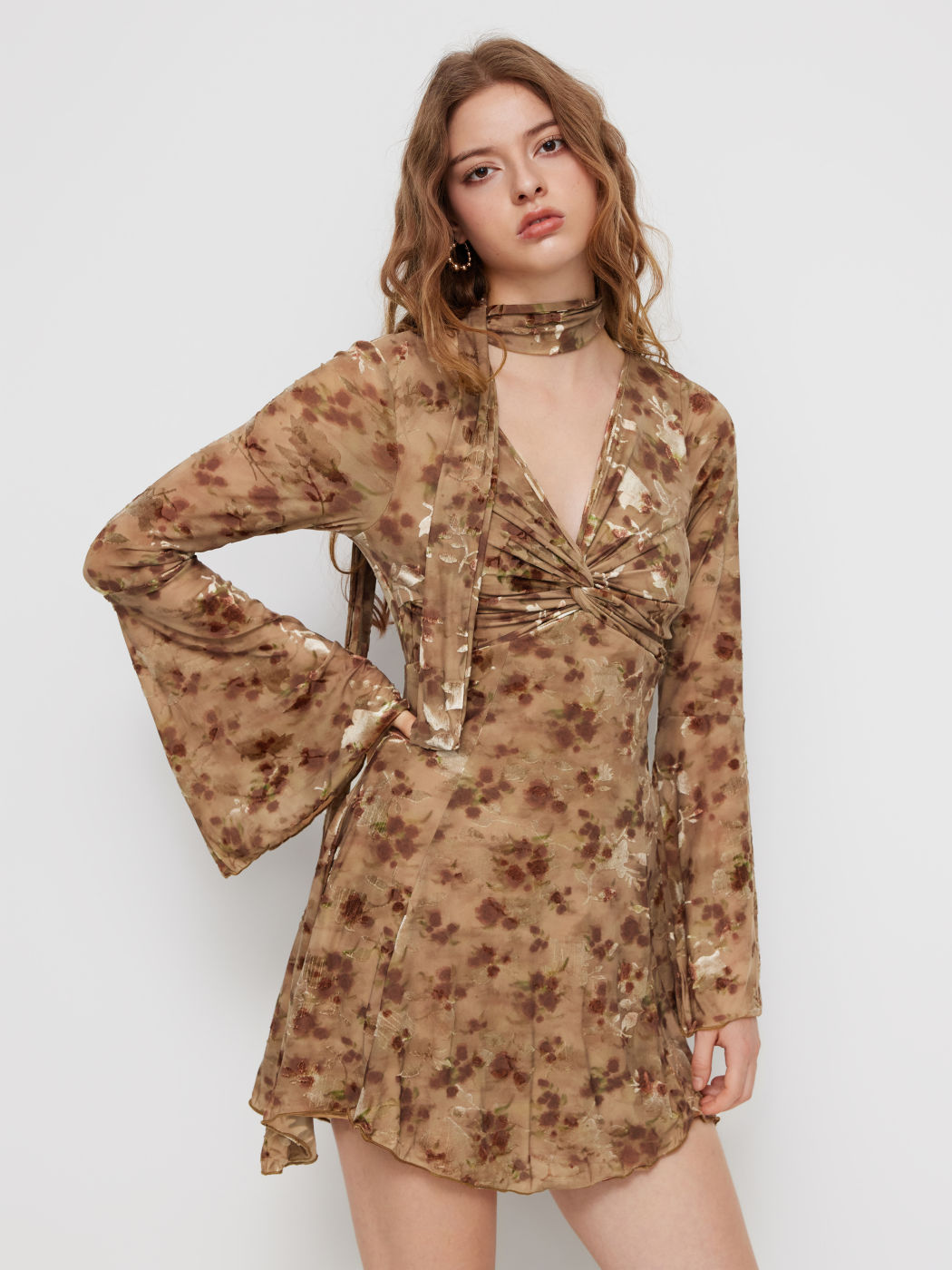 Mesh V-neck Floral Twist Mini Dress With Scarf