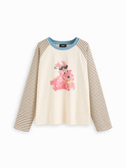 Cotton-blend Dog Graphic Round Neckline Striped Patched Tee