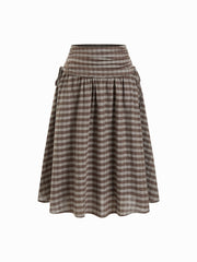 Cotton Mid Rise Plaid Bowknot Ruched Midi Skirt