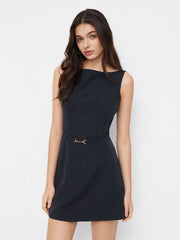Boat Neck Striped Belted Mini Tank Dress