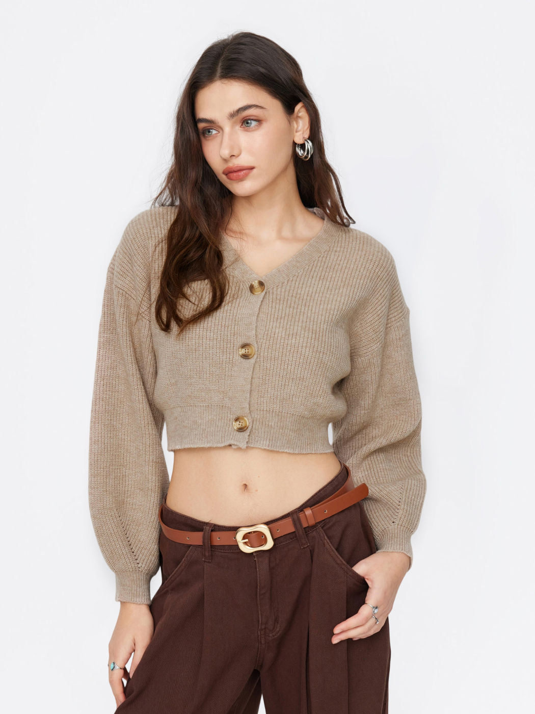 Knit V-neck Solid Button Crop Cardigan