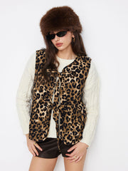 Corduroy Leopard Tie Front Vest