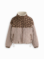 Cotton Funnel Neck Gingham & Ditsy Floral Patched Oversized Jacket