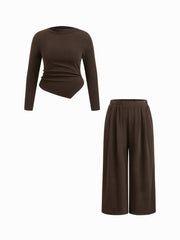 Stand Collar Ruched Asymmetrical Hem Top & Mid Rise Wide Leg Trousers Set Curve & Plus