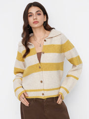 Knit Wool-blend Striped Collar Two Tone Oversized Cardigan