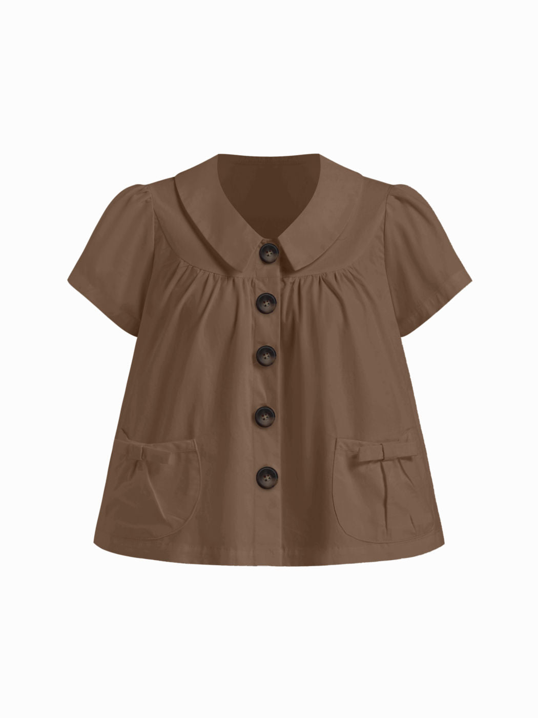 100% Cotton Peter Pan Collar Bowknot Pocket Button Oversized Blouse