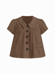 100% Cotton Peter Pan Collar Bowknot Pocket Button Oversized Blouse
