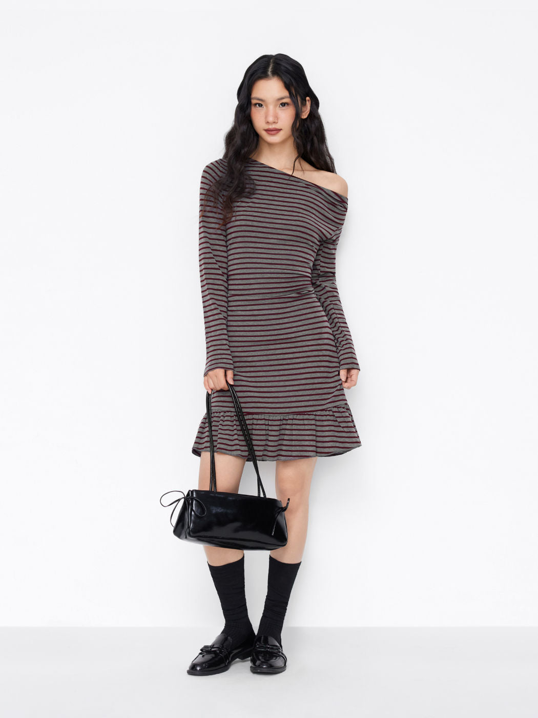 Asymmetrical Neck Striped Ruched Peplum Hem Mini Dress