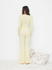 Square Neck Pointelle Lettuce Trim Top & High Rise Bowknot Flared Trousers Loungewear Set