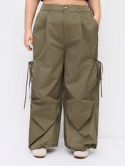 High Rise Elastic Waist Pocket Wide Leg Cargo Pants Curve & Plus