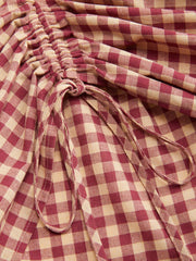 Multi-way 100% Cotton Mid Rise Gingham Drawstring Ruffle Hem Maxi Skirt