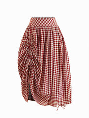 Multi-way 100% Cotton Mid Rise Gingham Drawstring Ruffle Hem Maxi Skirt